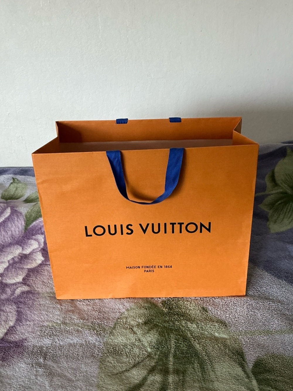 Louis Vuitton Orange Shopping Bag with Blue Handles